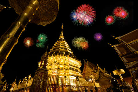 Doi Suthep temple at night with fireworks.の写真素材
