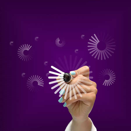 Business selection concept by black pen in hand on purple gradient background.
