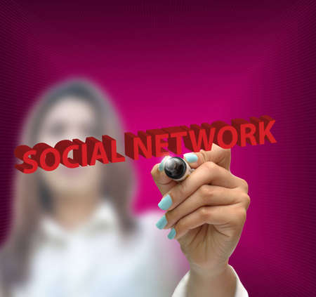 business selection concept by business woman writing business object on gradient purple background.の写真素材