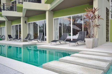 Modern style building with swimming pool.のeditorial素材