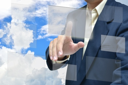Business man selection ldea on sky background.