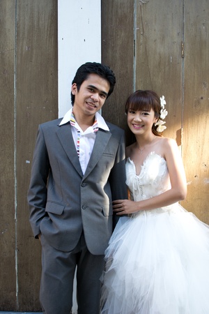 Asian couple with pre wedding scene out door background.の写真素材