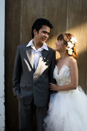 Asian couple with pre wedding scene out door background.の写真素材