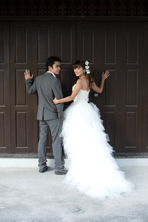 Asian couple with pre wedding scene out door background.の写真素材