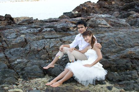 Asian couple with pre wedding sceen out door bckground.の写真素材