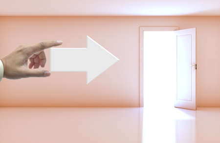 Business concept with wording on right arrow in blank room with open door.の写真素材