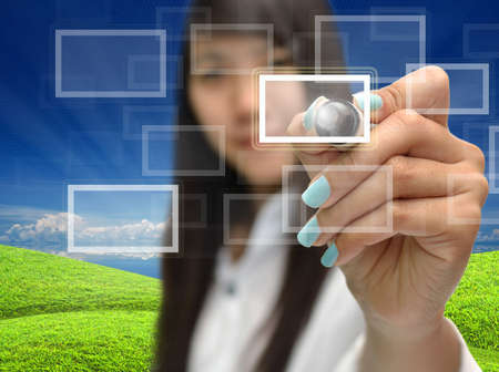 Blank button on modern computer screen with business person.の写真素材