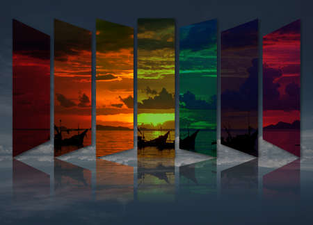 Art work of abstract rainbow color of landscape picture with reflection .の写真素材