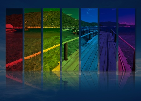 Art work of abstract rainbow color of landscape picture with reflection .の写真素材