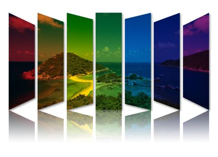 Art work of abstract rainbow color of landscape picture with reflection .の写真素材