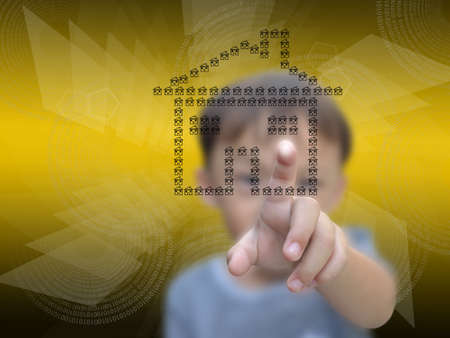 Business concept on modern computer screen with business boy on yellow shape abstract background.の写真素材