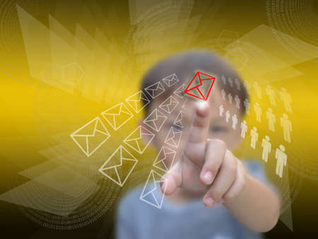 Business concept on modern computer screen with business boy on yellow shape abstract background.