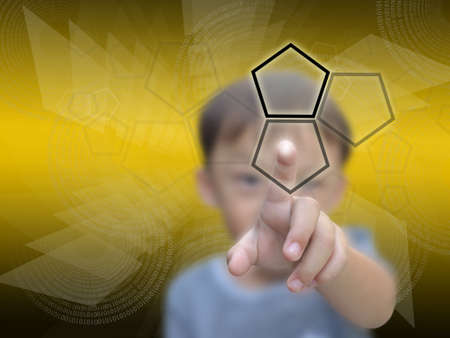 Business concept on modern computer screen with business boy on yellow shape abstract background.の写真素材