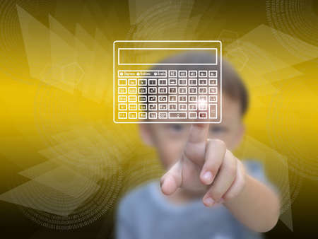 Business concept on modern computer screen with business boy on yellow shape abstract background.の写真素材