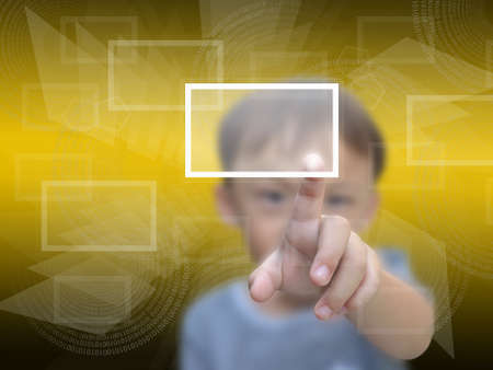 Business concept on modern computer screen with business boy on yellow shape abstract background.