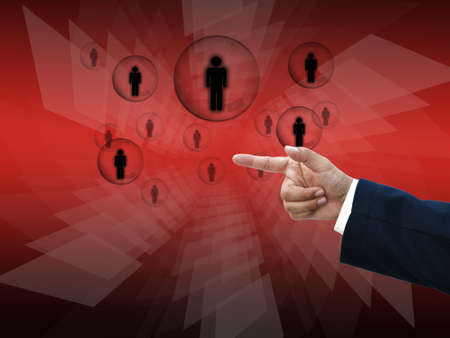 Business hand selecting business icon on medern red abstract background.の写真素材