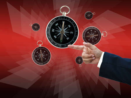 Business hand selecting business icon on medern red abstract background.の写真素材