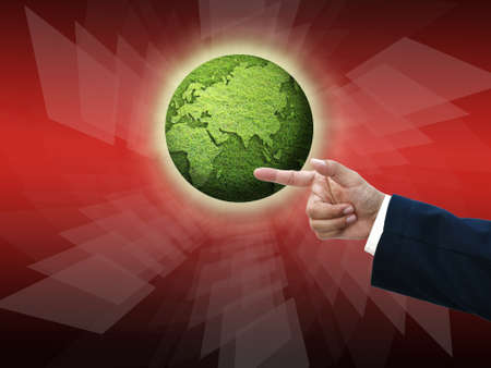 Business hand selecting business icon on medern red abstract background.の写真素材