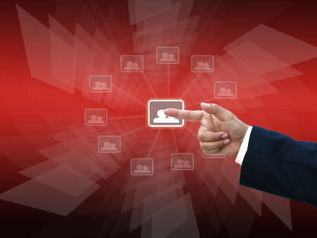 Business hand selecting business icon on medern red abstract background.の写真素材