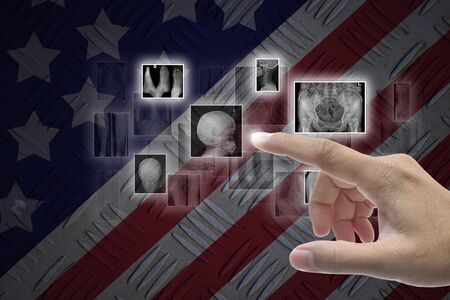 Hand selecting business icon on united state of america nation flag abstract background.