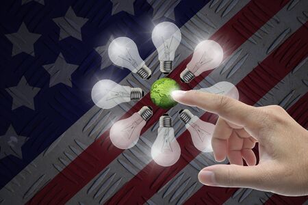 Hand selecting business icon on united state of america nation flag abstract background.