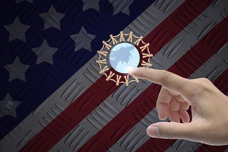 Hand selecting business icon on united state of america nation flag abstract background.