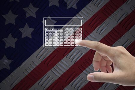 Hand selecting business icon on united state of america nation flag abstract background.の写真素材