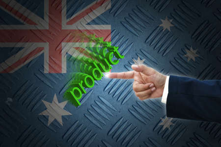 business hand selecting business icon on old Australia flag background.の写真素材