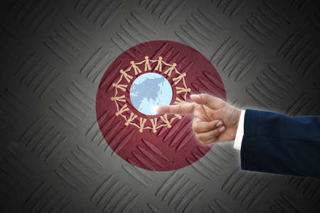 business hand selecting business icon on old Japan  flag background.の写真素材