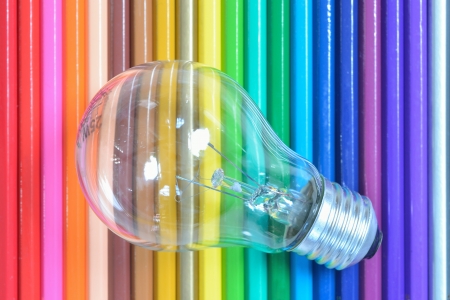 Close up of retro classic light bulb color pencil background.の写真素材