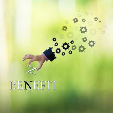 art work of business hand with wording with green abstract background.の写真素材