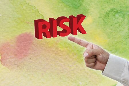 Hand pointing at business object on water color water art background.の写真素材