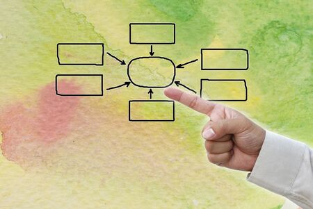 Hand pointing at business object on water color water art background.の写真素材
