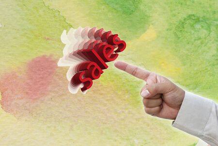 Hand pointing at business object on water color water art background.の写真素材