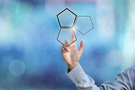 business hand selecting business icon on blue abstract background.