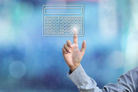 business hand selecting business icon on blue abstract background.の写真素材