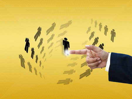 business hand selecting business icon on golden gradient background.