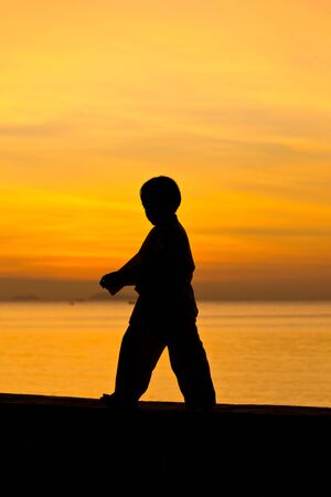 Silhouette taekwondo boy on the beach at dusk.の写真素材