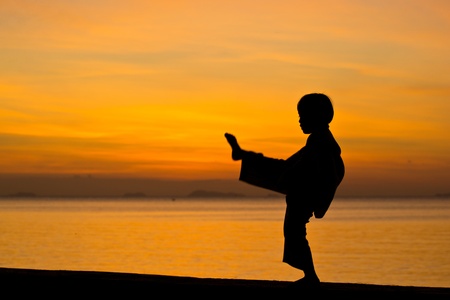 Silhouette taekwondo boy on the beach at dusk.の写真素材