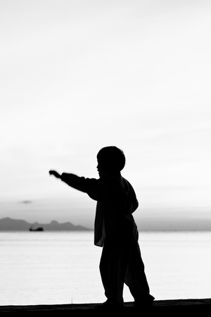 Silhouette taekwondo boy on the beach at dusk. Black and whit picture.の写真素材