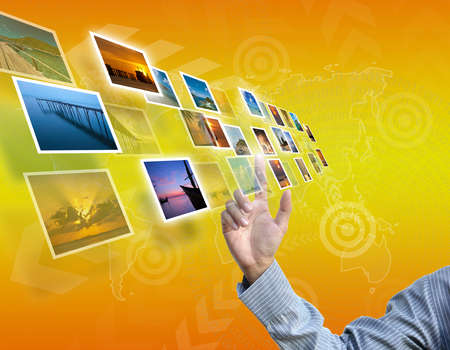 business hand selecting business icon on golden gradient background.
