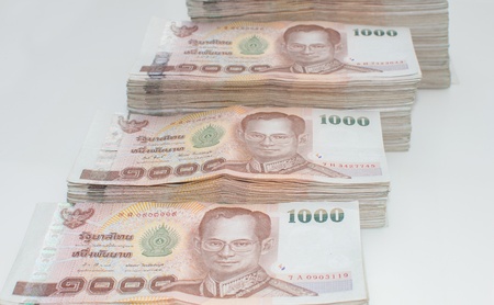 Stack of thai banknotes, one thousand bath type.の写真素材