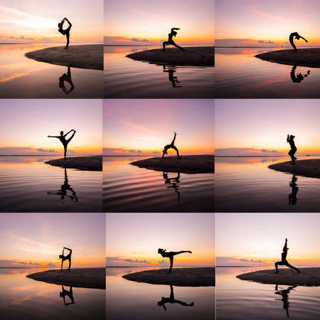 Silhouette woman with yoga posure on the beach at sunset with reflection.の写真素材