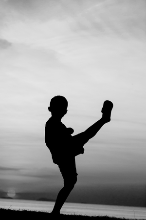 Silhouette of a boy on the beach during sunset.の写真素材