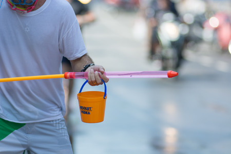 KO SAMUI, THAILAND - APRIL 13: Foreigners and Thai people enjoy splashing water together in songkran festival on April 13, 2014 in Ko Samui island, Thailand.のeditorial素材