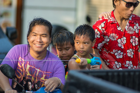 KO SAMUI, THAILAND - APRIL 13: Foreigners and Thai people enjoy splashing water together in songkran festival on April 13, 2014 in Ko Samui island, Thailand.のeditorial素材