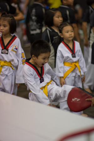 SURTTHANI, THAILAND - JULY 12: Unidentified Thai students 4 - 17 years old in action at suratthani taekwondo championship 2014 on July 12, 2014 in Suratthani, Thailand.のeditorial素材