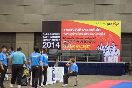 SURTTHANI, THAILAND - JULY 12: Unidentified Thai students 4 - 17 years old in action at suratthani taekwondo championship 2014 on July 12, 2014 in Suratthani, Thailand.のeditorial素材