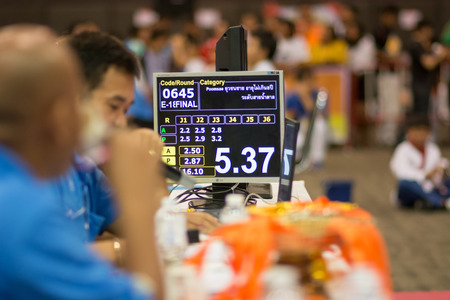 SURTTHANI, THAILAND - JULY 12: Unidentified Thai students 4 - 17 years old in action at suratthani taekwondo championship 2014 on July 12, 2014 in Suratthani, Thailand.のeditorial素材
