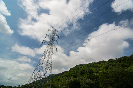 high voltage post.High-voltage tower sky background.